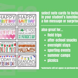 May include: Eight colorful note cards with different holiday themes. The cards feature text such as "Happy First Day of School", "Happy Last Day of School", "Wishing You a Happy Valentine's Day", "Hope You Have a Happy St. Patrick's Day", "Have a Festive Cinco de Mayo", "Hoping You Have a Spooktacular Halloween", "Today is Veteran's Day", and "Season's Greetings".