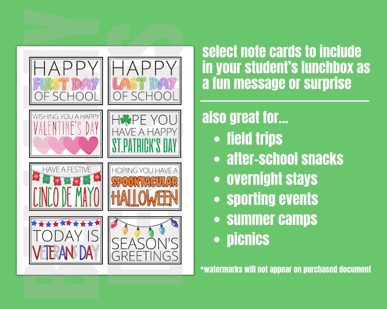 May include: Eight colorful note cards with different holiday themes. The cards feature text such as "Happy First Day of School", "Happy Last Day of School", "Wishing You a Happy Valentine's Day", "Hope You Have a Happy St. Patrick's Day", "Have a Festive Cinco de Mayo", "Hoping You Have a Spooktacular Halloween", "Today is Veteran's Day", and "Season's Greetings".