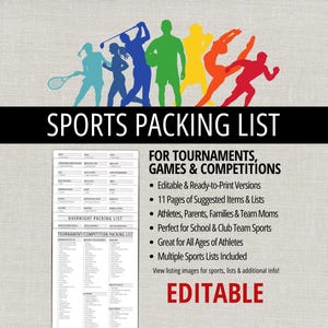 Sport Packing List Tournament Checklist Printable Planner Athlete Travel Volleyball Football Basketball Baseball Softball Soccer Cheer Dance
