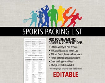 Sport Packing List Tournament Checklist Printable Planner Athlete Travel Volleyball Football Basketball Baseball Softball Soccer Cheer Dance
