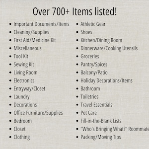 May include: A list of over 700+ items, categorized for easy reference. Categories include clothing, kitchen, bathroom, and travel essentials. The text is in black font on a light beige background.