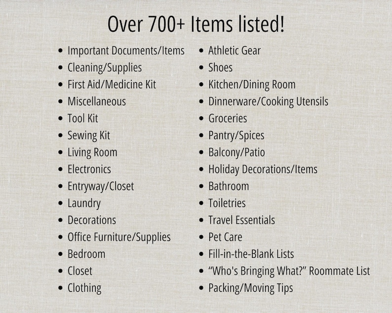 May include: A list of over 700+ items, categorized for easy reference. Categories include clothing, kitchen, bathroom, and travel essentials. The text is in black font on a light beige background.