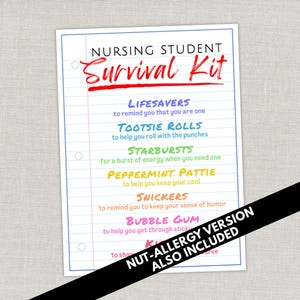 May include: A printed sheet of paper with the words "NURSING STUDENT Survival Kit" in red and black. The text lists items like Lifesavers, Tootsie Rolls, Starbursts, Peppermint Pattie, Snickers, and Bubble Gum. A "Nut-Allergy Version Also Included" note is present.