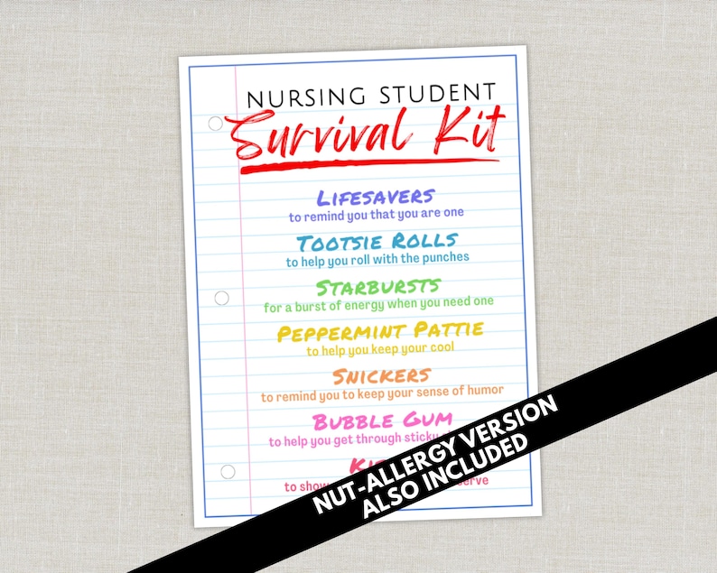 May include: A printed sheet of paper with the words "NURSING STUDENT Survival Kit" in red and black. The text lists items like Lifesavers, Tootsie Rolls, Starbursts, Peppermint Pattie, Snickers, and Bubble Gum. A "Nut-Allergy Version Also Included" note is present.