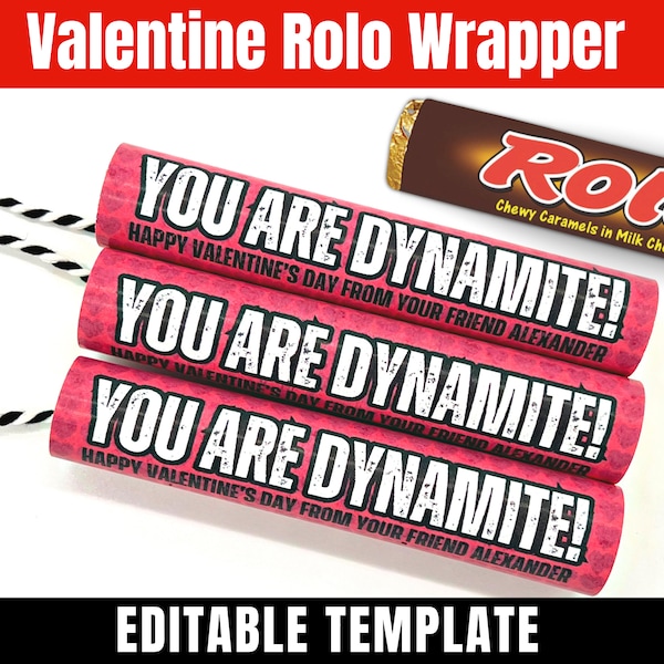 You Are Dynamite Rolo Printable Valentine Candy Wrapper, DIY Valentine Craft, Boys Valentine Candy Bar Wrapper, Classroom Valentine Exchange