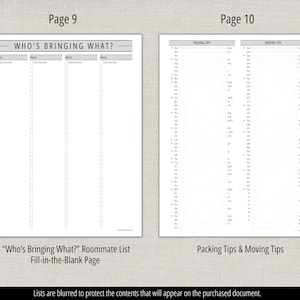 May include: Two-page spread from a planner. Page 9 features a fill-in-the-blank roommate list titled "Who's Bringing What?" Page 10 lists "Packing Tips & Moving Tips." Text is in black on a white background.