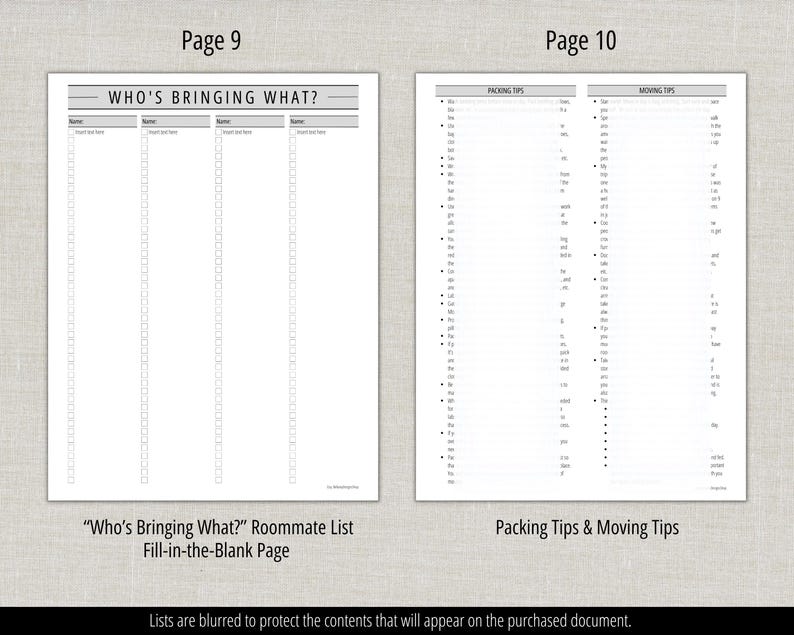 May include: Two-page spread from a planner. Page 9 features a fill-in-the-blank roommate list titled "Who's Bringing What?" Page 10 lists "Packing Tips & Moving Tips." Text is in black on a white background.