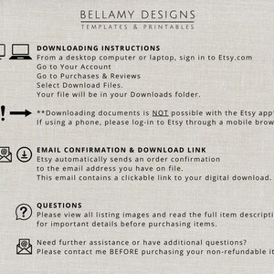 May include: A beige graphic with black text providing instructions for downloading digital files from Etsy. The text includes steps for desktop and mobile users, along with information about email confirmations and where to find help.