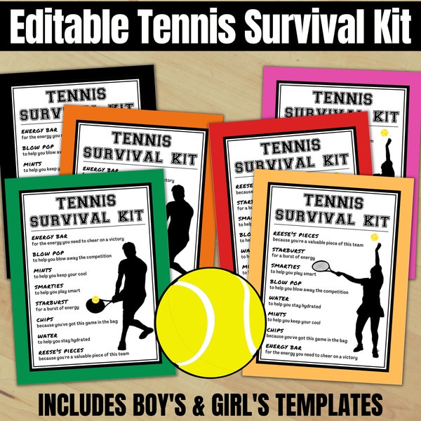 Editable Tennis Survival Kit Tags, Boys & Girls Tennis Treat Tags, Tennis Party Favor Goody Bags, Kids Teams Coaches Match Day Sports Theme