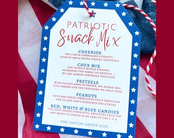 Patriotic Snack Mix Gift Tags, Independence Day or Veterans Day Party Favors, American Flag Red White & Blue Goodie Bag Tag for 4th of July
