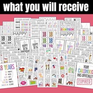 Puede incluir: Una colecci&oacute;n de varias tarjetas con el texto "what you will receive" en la parte superior. Las tarjetas presentan frases como "Happy 18th Birthday", "18 Things You Can Do" y "Your Childhood Has Officially Expired". El fondo es rosa.