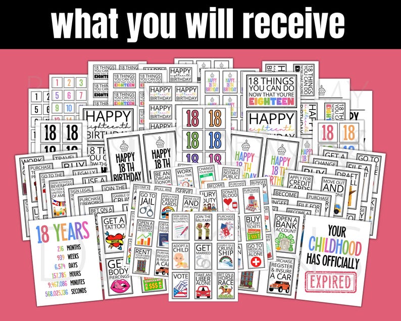 Puede incluir: Una colecci&oacute;n de varias tarjetas con el texto "what you will receive" en la parte superior. Las tarjetas presentan frases como "Happy 18th Birthday", "18 Things You Can Do" y "Your Childhood Has Officially Expired". El fondo es rosa.