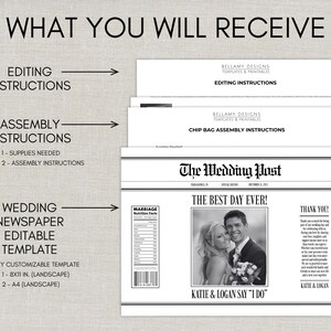 May include: A wedding newspaper template with the headline "The Best Day Ever!" and the names "Katie & Logan." The image includes editing and assembly instructions, and is fully customizable. Size 1 is 20.32 x 27.94 cm, and size 2 is A4.