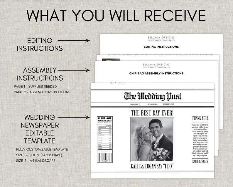May include: A wedding newspaper template with the headline "The Best Day Ever!" and the names "Katie & Logan." The image includes editing and assembly instructions, and is fully customizable. Size 1 is 20.32 x 27.94 cm, and size 2 is A4.