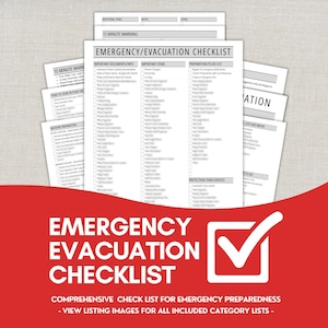 May include: A collection of white paper checklists titled "Emergency/Evacuation Checklist". The checklists feature sections for important documents, items, and preparation tasks. The image includes a red banner with white text: "Comprehensive Check List for Emergency Preparedness".