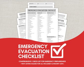 May include: A collection of white paper checklists titled "Emergency/Evacuation Checklist". The checklists feature sections for important documents, items, and preparation tasks. The image includes a red banner with white text: "Comprehensive Check List for Emergency Preparedness".