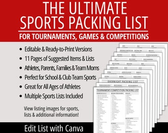 Sports Packing List for Athletes Parents Team Moms, Tournament Game Competition Checklist, Printable Packing Planner for School & Club Teams