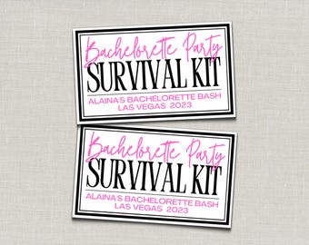 Puede incluir: Dos tarjetas rectangulares con el texto "Bachelorette Party SURVIVAL KIT" en negro y rosa. El texto "ALAINA'S BACHELORETTE BASH LAS VEGAS 2023" está debajo. Las tarjetas tienen un borde negro y están sobre un fondo beige claro.