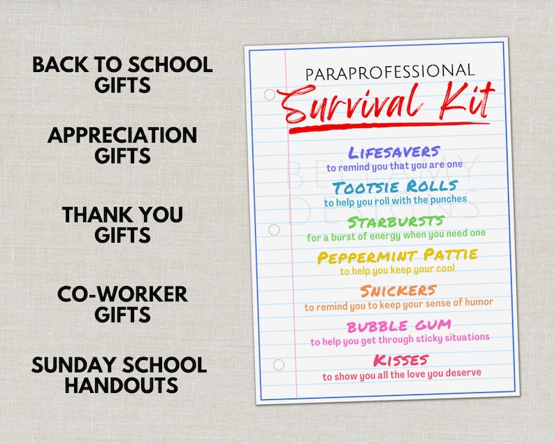 Paraprofessional Survival Kit Tag, Wertschätzung Geschenkanhänger, Goodie Bag Tag für Partygeschenke, Danke Geschenk, Leckerli Tasche bedruckte Gunstanhänger Bild 7