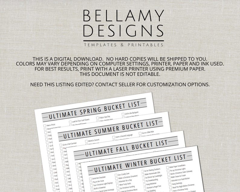 May include: A stack of four printable bucket lists for spring, summer, fall, and winter. Each list has a header and checkboxes for activities. The top of the image has the text "BELLAMY DESIGNS TEMPLATES & PRINTABLES".