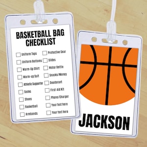 Insertion d'étiquette de sac de basket-ball modifiable, étiquette personnalisée de liste de contrôle d'équipement de basket-ball, étiquette de sac à dos de sport d'école et de club ou liste de colisage