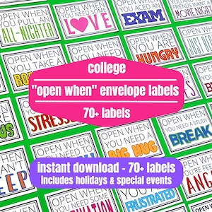Open When Printable Letter Labels, Envelope Label or Card, College Student Going Away Gift or Move-In Gift, College Daughter or Son