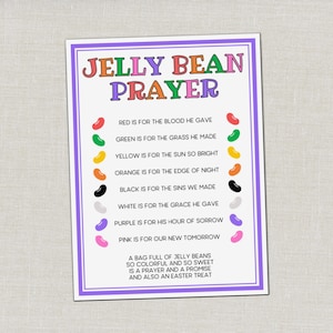 May include: A rectangular print with a purple border features the text "JELLY BEAN PRAYER" in colorful letters. The prayer explains the meaning of jelly bean colors, with a bag of jelly beans at the bottom. The print is on a light background.