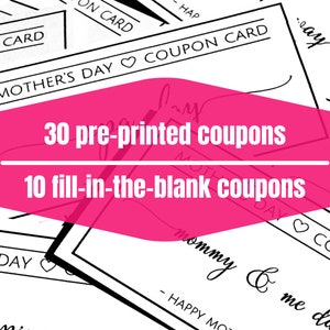 Mother's Day Coupons Printable Cards DIY Coupon Book Mother's Day Craft ...