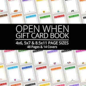 May include: A selection of colourful gift card books with prompts such as "Open When You Need a Treat" and "Open When You Need Caffeine." The text "Open When Gift Card Book" is displayed, along with size and page details.