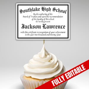 Palillos para cupcakes con diploma de graduación editables, decoración con mini diploma de escuela secundaria y universidad, obsequio personalizado para fiesta de graduación de la clase de último año de 2024
