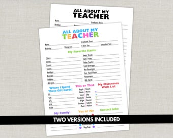 Teacher Favorites List, Back to School Meet the Teacher Activity Pages, Educator Favorites Gift Questionnaire Survey, All About Me