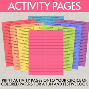 Op de afbeelding: Een verzameling activiteitenpagina's met takenlijsten gedrukt op rechthoekige vellen papier in verschillende kleuren, waaronder rood, oranje, geel, roze, groen, blauw en paars. De tekst ACTIVITY PAGES staat bovenaan de afbeelding.