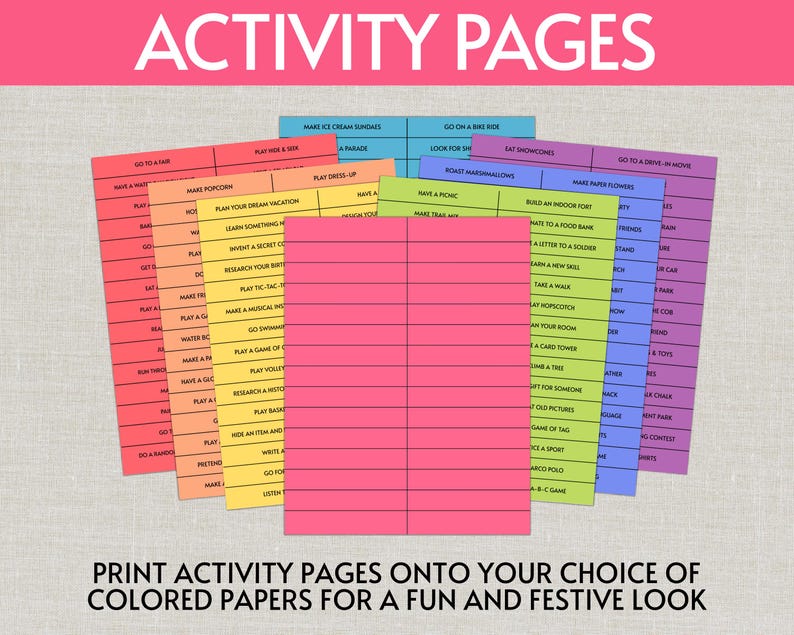 Op de afbeelding: Een verzameling activiteitenpagina's met takenlijsten gedrukt op rechthoekige vellen papier in verschillende kleuren, waaronder rood, oranje, geel, roze, groen, blauw en paars. De tekst ACTIVITY PAGES staat bovenaan de afbeelding.