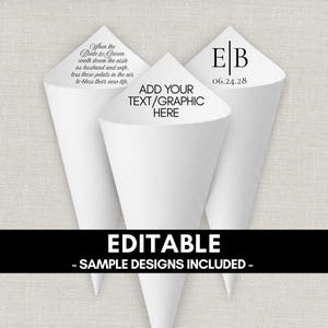 May include: Three white paper cones arranged in a fan shape. The left cone features text about a bride and groom, the center cone displays the text ADD YOUR TEXT/GRAPHIC HERE, and the right cone shows the initials E|B with the date 06.24.28.