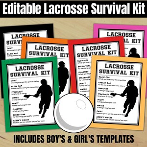 Bearbeitbare Lacrosse Survival Kit Geschenkanhänger, Jungen & Mädchen Lacrosse Leckerli Tags, Goodie Bag Tag für Partygeschenke, Kinder Team Mom Coaches Teams