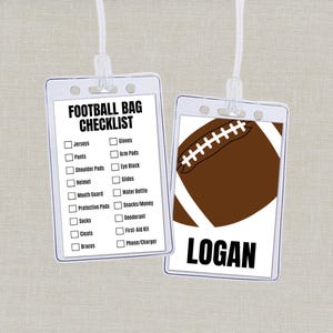 May include: Two clear plastic badge holders with white lanyards. One shows a football bag checklist with checkboxes. The other features a brown football graphic and the name "LOGAN" in black text.