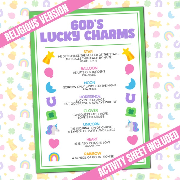 Gods Lucky Charms Tag & Christian Activity Sheet Printable, Kids Bible Study Game, Sunday School Activity, Religious Gift Tag Goody Bag