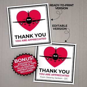 Flight Attendant Thank You Cards, Flight Crew & Pilot Appreciation Gift Tags, Care Package Thank You Gift, Travel Accessories or Travel Gift