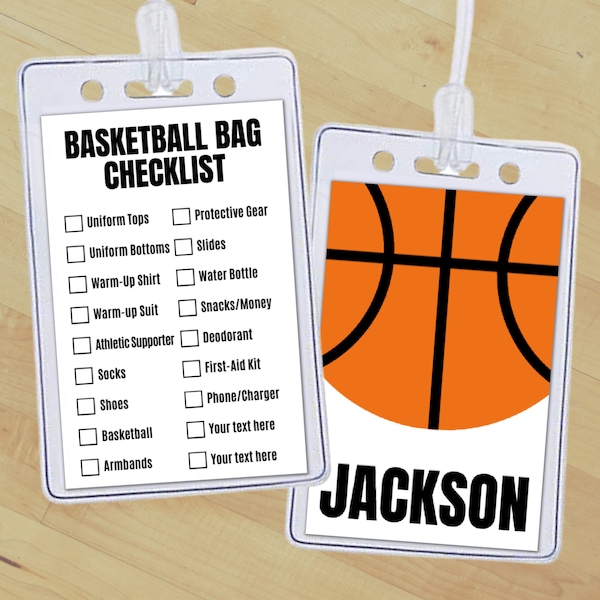 Editable Basketball Bag Tag Insert, Custom Basketball Equipment Gear Checklist Name Tag, School & Club Sports Backpack Tag or Packing List