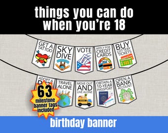 18th Birthday Banner Printable, Things You Can Do When You're 18, 18th Birthday Gift Idea for Daughter Son or Friend, Birthday Party Decor
