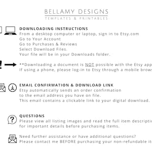 May include: A white graphic with black text providing instructions for downloading digital files from Etsy. The text includes steps for desktop and mobile users, email confirmation details, and a note about questions. The image also features the Bellamy Designs logo.