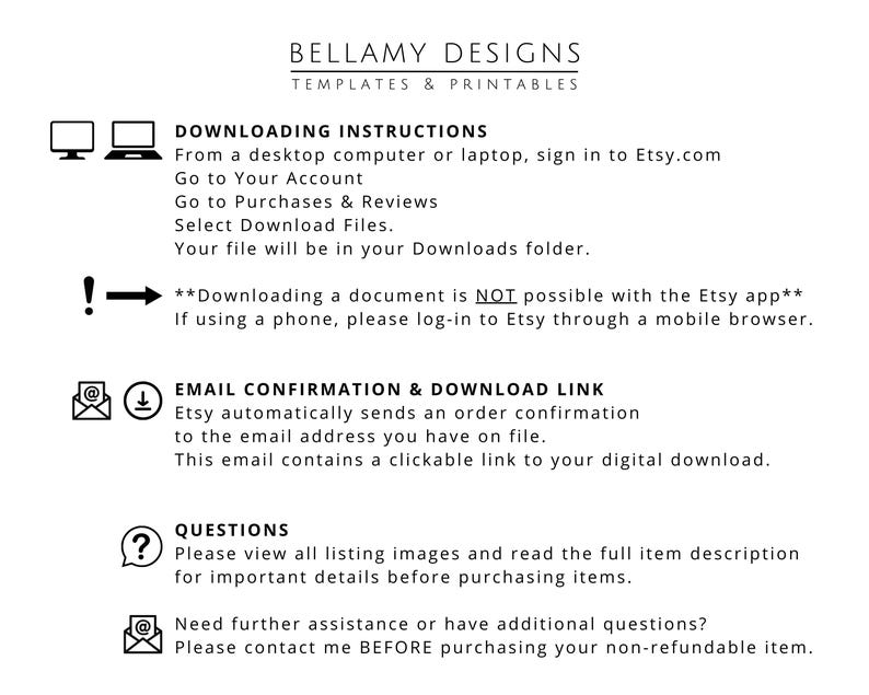 May include: A white graphic with black text providing instructions for downloading digital files from Etsy. The text includes steps for desktop and mobile users, email confirmation details, and a note about questions. The image also features the Bellamy Designs logo.