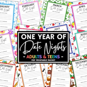 One Year of Date Nights, Gift of Time Printable, 12 Months of Couples Experiences Adventures, DIY Gift for Adults & Teens, Coupon Gift Idea