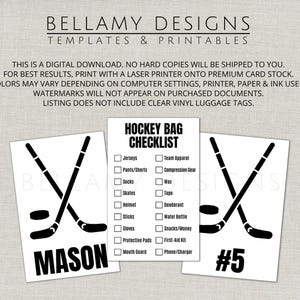 May include: A digital download featuring hockey-themed templates. The design includes a hockey bag checklist, crossed hockey sticks, a puck, and the name "MASON" and the number "5". The design is in black and white.