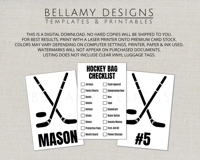 May include: A digital download featuring hockey-themed templates. The design includes a hockey bag checklist, crossed hockey sticks, a puck, and the name "MASON" and the number "5". The design is in black and white.