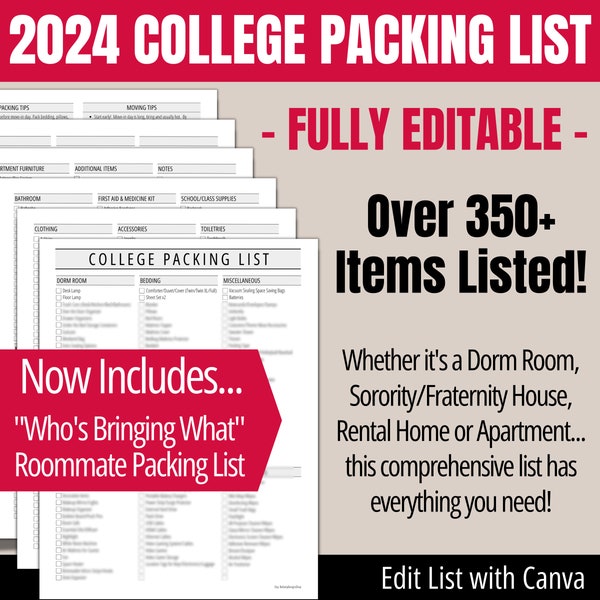 College Packing List & Planner, Packing List and Printable Organizer for Dorm Room, Apartment or House, College Packing List Planner