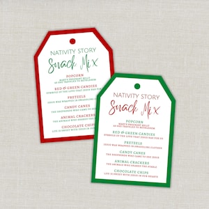 May include: Two rectangular paper gift tags with rounded top corners and a hole punch. One tag has a red border, the other a green border. Both feature the text NATIVITY STORY Snack Mix and a list of ingredients with religious descriptions.