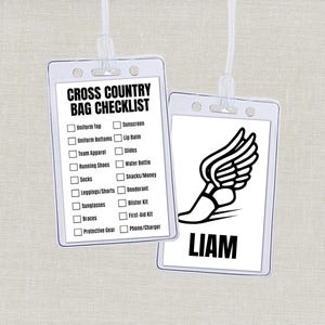 May include: Two rectangular luggage tags with clear plastic sleeves and white loops. One tag features a black printed Cross Country Bag Checklist with checkboxes. The other tag displays a black winged shoe graphic and the name LIAM in bold text.