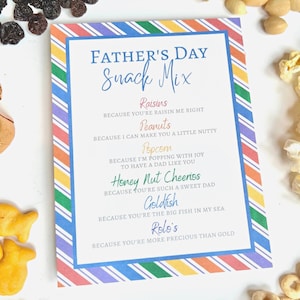 Father's Day Snack Mix Gift Tags, Printable Treat Card, School & Church Handouts, Fun Dads Day Kids Craft Idea or Activity, Neighbor Gift