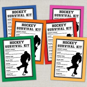 May include: A collection of colorful cards labeled "Hockey Survival Kit." Each card features a black silhouette of a hockey player and a list of items like Reese's Pieces and chips. The cards have colored borders.